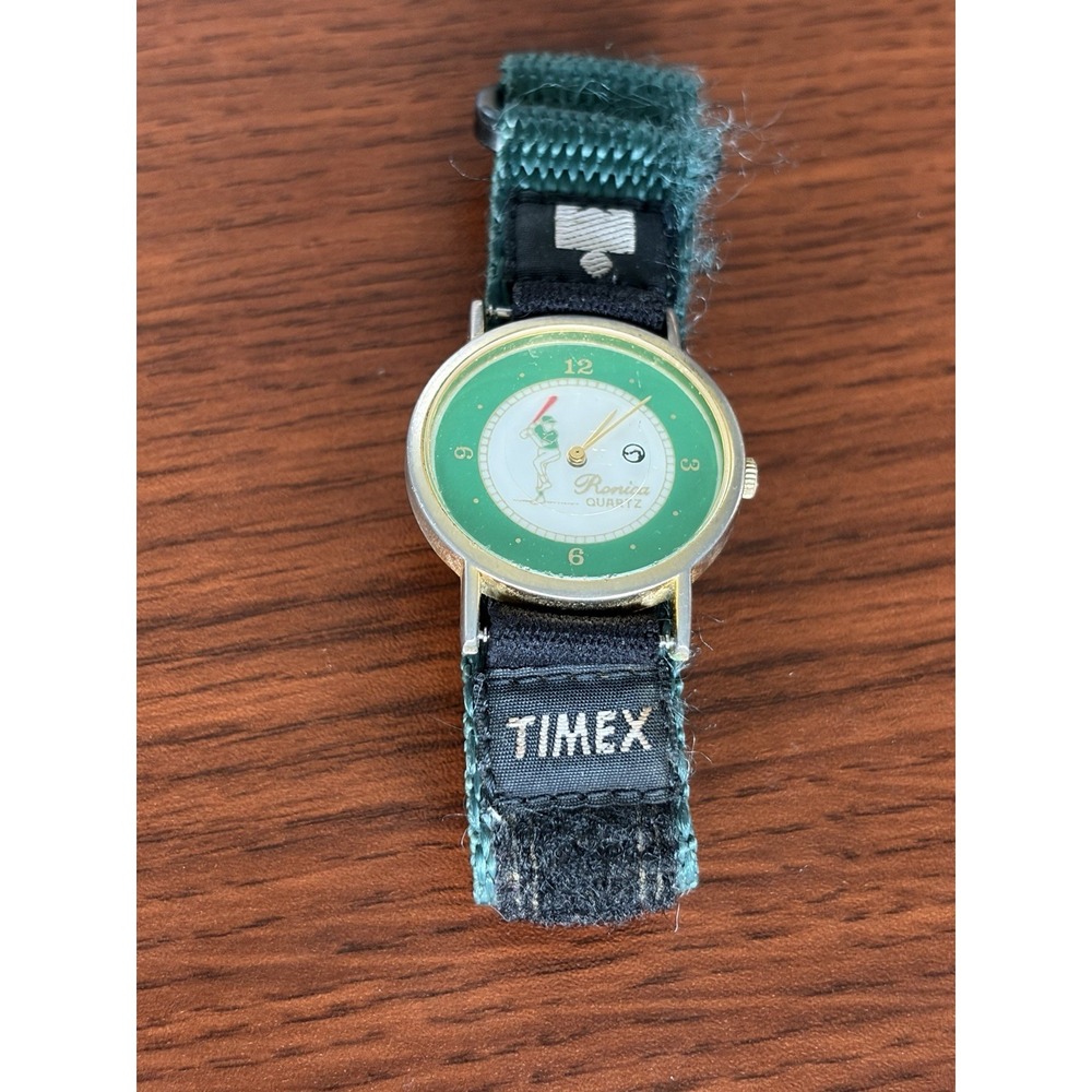 Vintage Ronica Sports Watch Baseball Design With Timex Green Sport Band